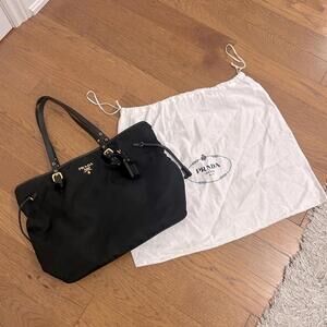 Authentic Prada Nylon with Leather Trim Tote Bag, black and gold